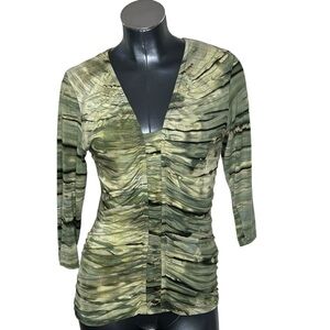 DUNIA Modern Green 3/4 Sleeve V-neck Stretch Top Women's Size M